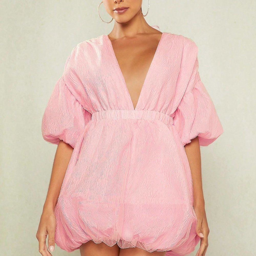 Pink Preppy Womens Plunging Neck Drop Shoulder Dress - Picture 3 of 6